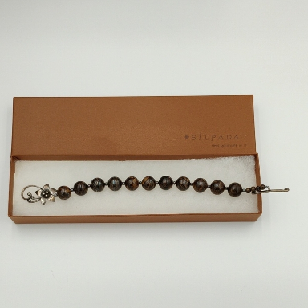 SILPADA Bronzite Bracelet silver beads with Flower Toggle Clasp 925 Clasp